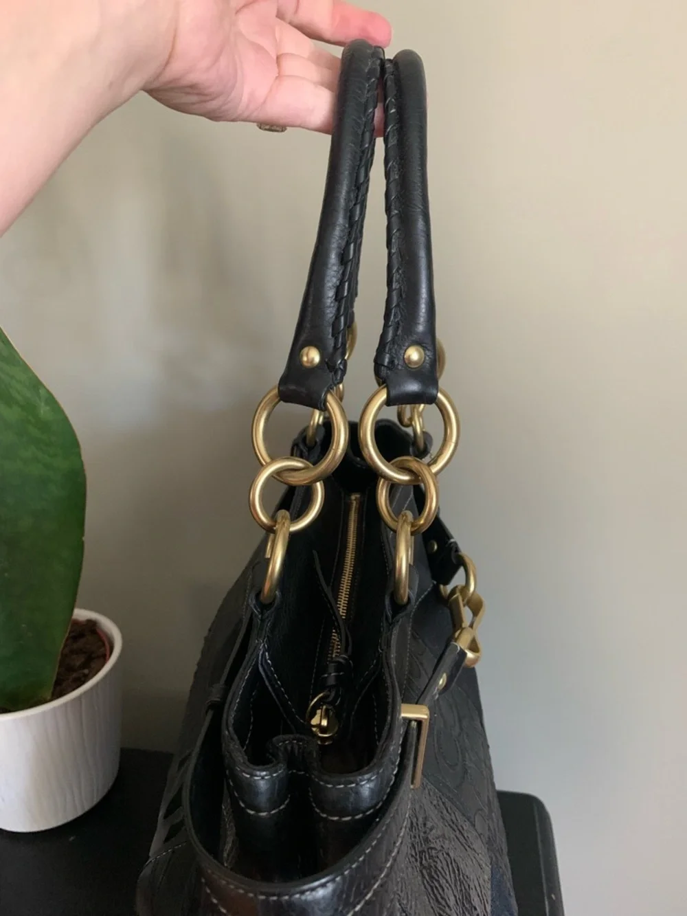 Coach Hamptons Patchwork Carryall Black Leather Gold Hardware Tote
